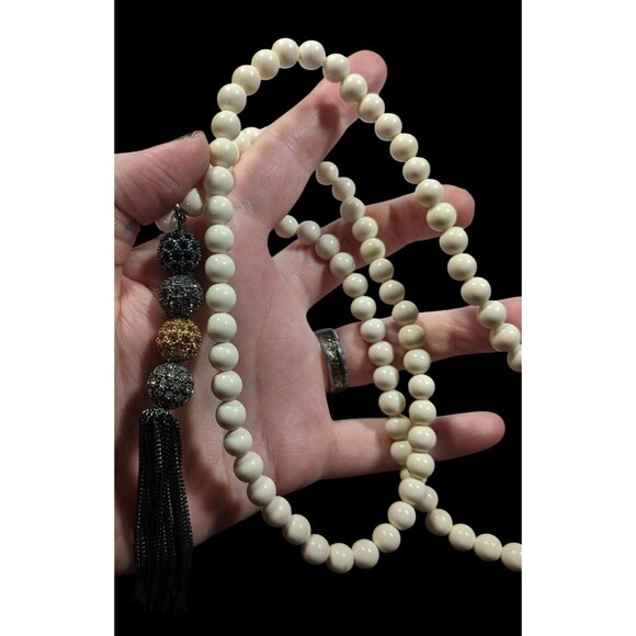 Boho Chic Stone Beaded Necklace With Metallic Rhinestone Bead And Chain Tassel - Picture 4 of 8